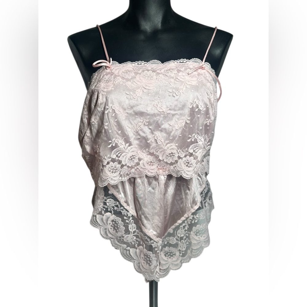 Deena Vintage Pink Teddy Lingerie Bodysuit Medium Nylon Lace Trim High Cut
